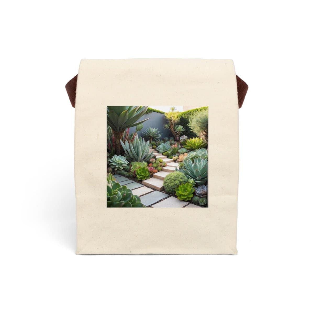 Canvas lunch bag with cactus and succulent garden pathway design.