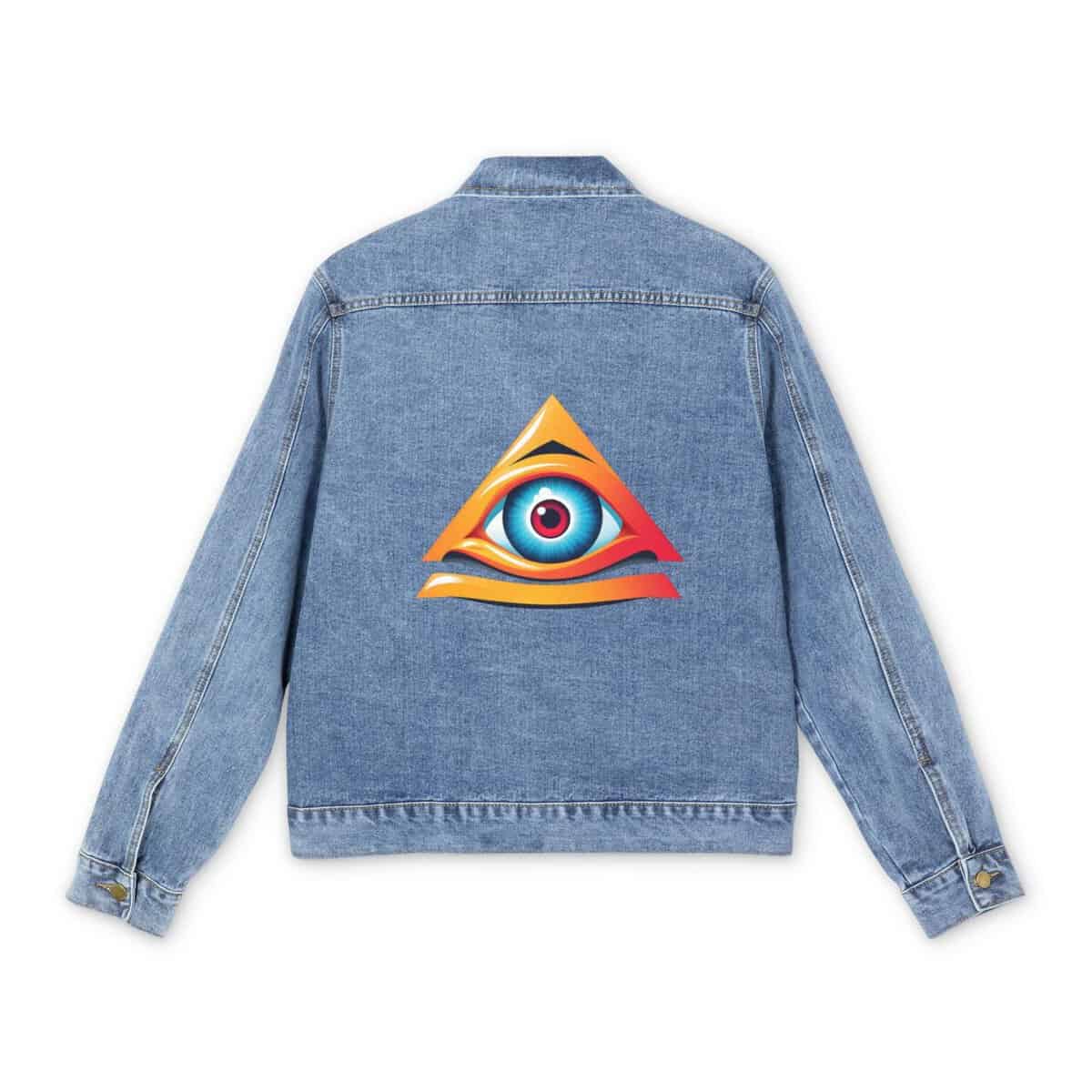 Men's denim jacket with an all-seeing eye design in a triangle on the back