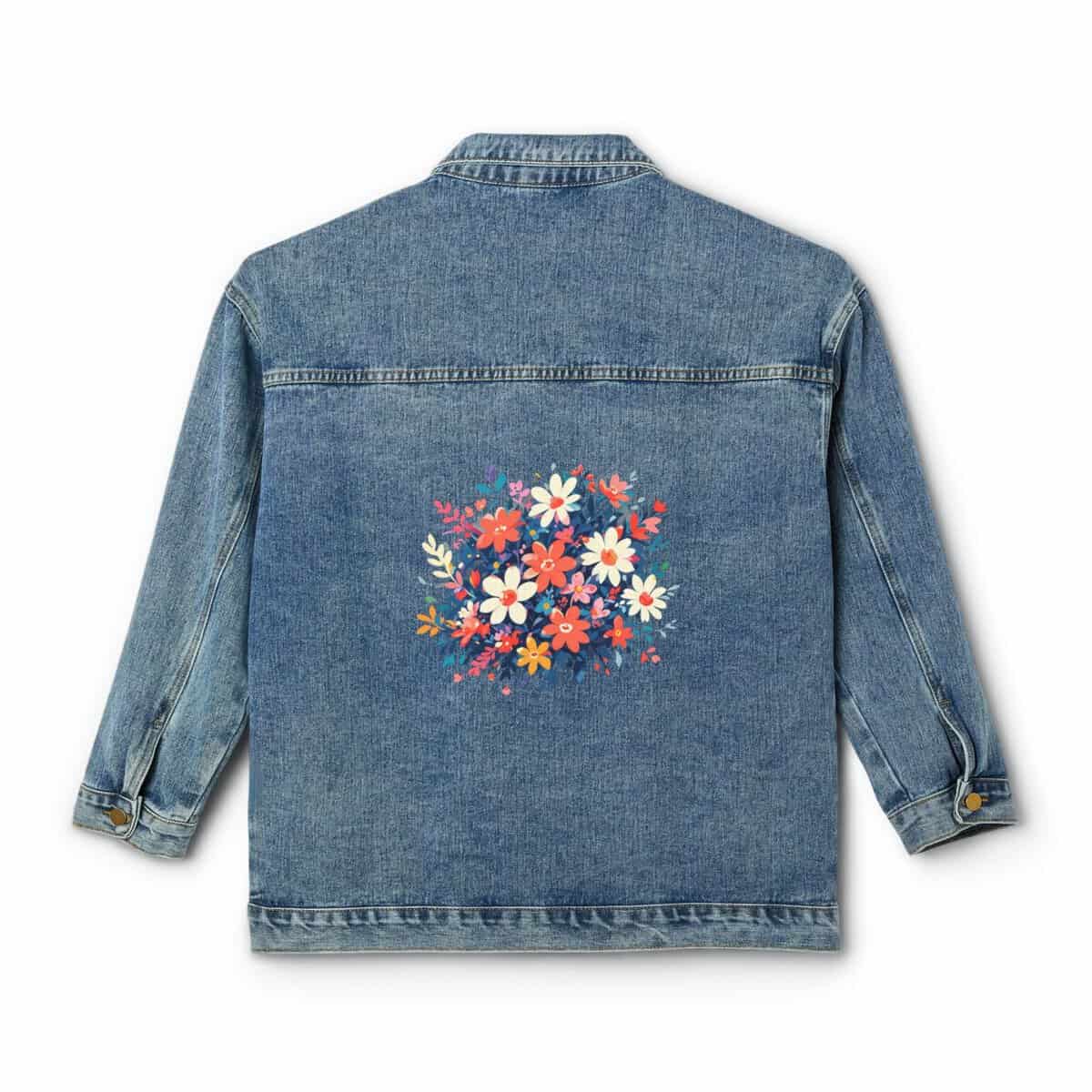 Denim jacket with a colorful geometric floral design on the back