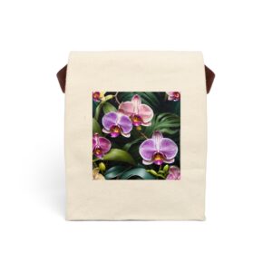 Canvas lunch bag with strap featuring a vibrant orchid flower design