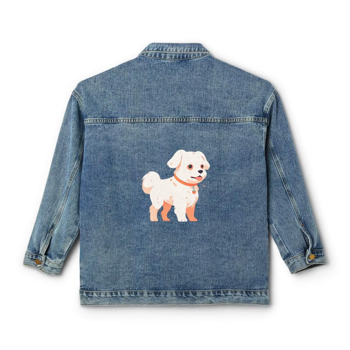 Denim jacket with a colorful dog design on the back