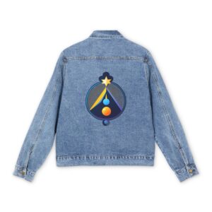 Men's denim jacket with an alchemical symbol featuring a star, triangle, and spheres on the back