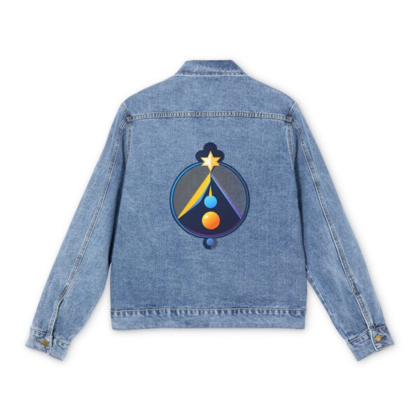 Men's denim jacket with an alchemical symbol featuring a star, triangle, and spheres on the back