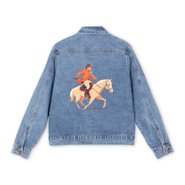 Light blue denim jacket with colorful horse riding design on the back