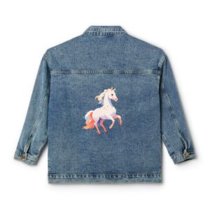 Denim jacket with a colorful horse design on the back