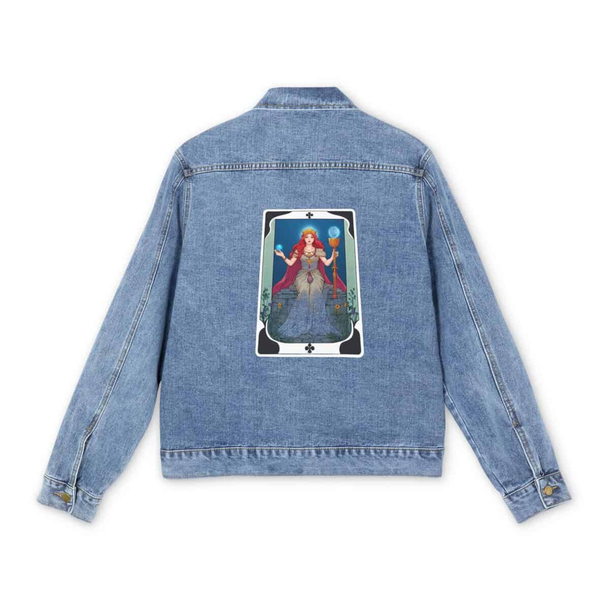 Light blue denim jacket with a colorful tarot card design on the back