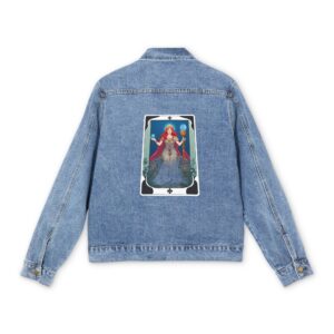 Light blue denim jacket with a colorful tarot card design on the back