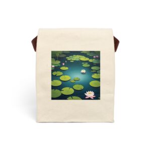 Canvas lunch bag with strap featuring a minimalist water lily pond design