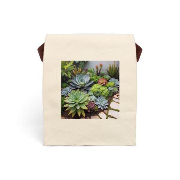 Canvas lunch bag with colorful succulent and cactus garden design.