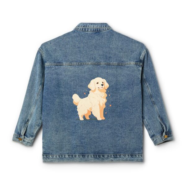 Denim jacket with a colorful golden retriever design on the back