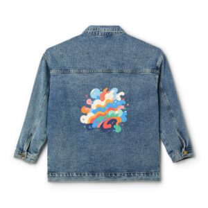 Women's denim jacket with a colorful abstract minimalist line art design on the back