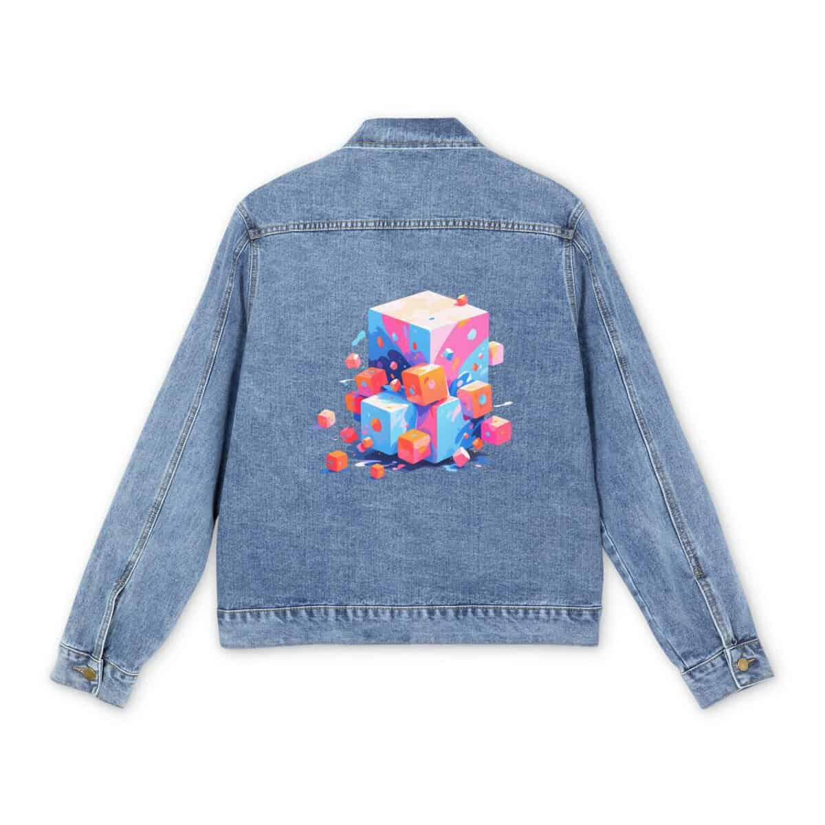 Men's denim jacket with a colorful 3D geometric shapes graphic design on the back