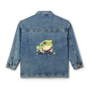 Denim jacket with a colorful frog design on the back