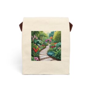 Canvas lunch bag with strap featuring a vibrant tropical garden pathway design