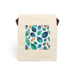 Canvas lunch bag with strap featuring a colorful watercolor leaves pattern design