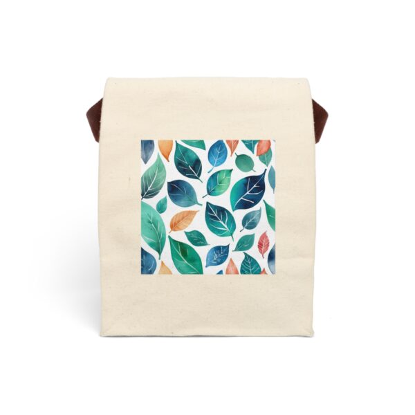 Canvas lunch bag with strap featuring a colorful watercolor leaves pattern design