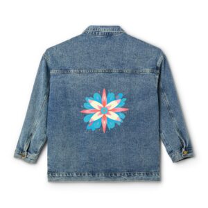 Denim jacket with a colorful star-shaped geometric design on the back