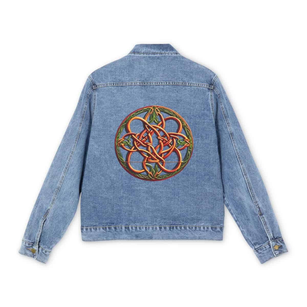 Light blue denim jacket with a colorful Celtic knot design on the back