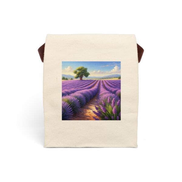 Canvas lunch bag with strap featuring a scenic lavender field with a lone tree design