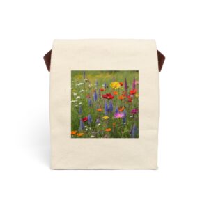 Canvas lunch bag with strap featuring a colorful wildflower field design