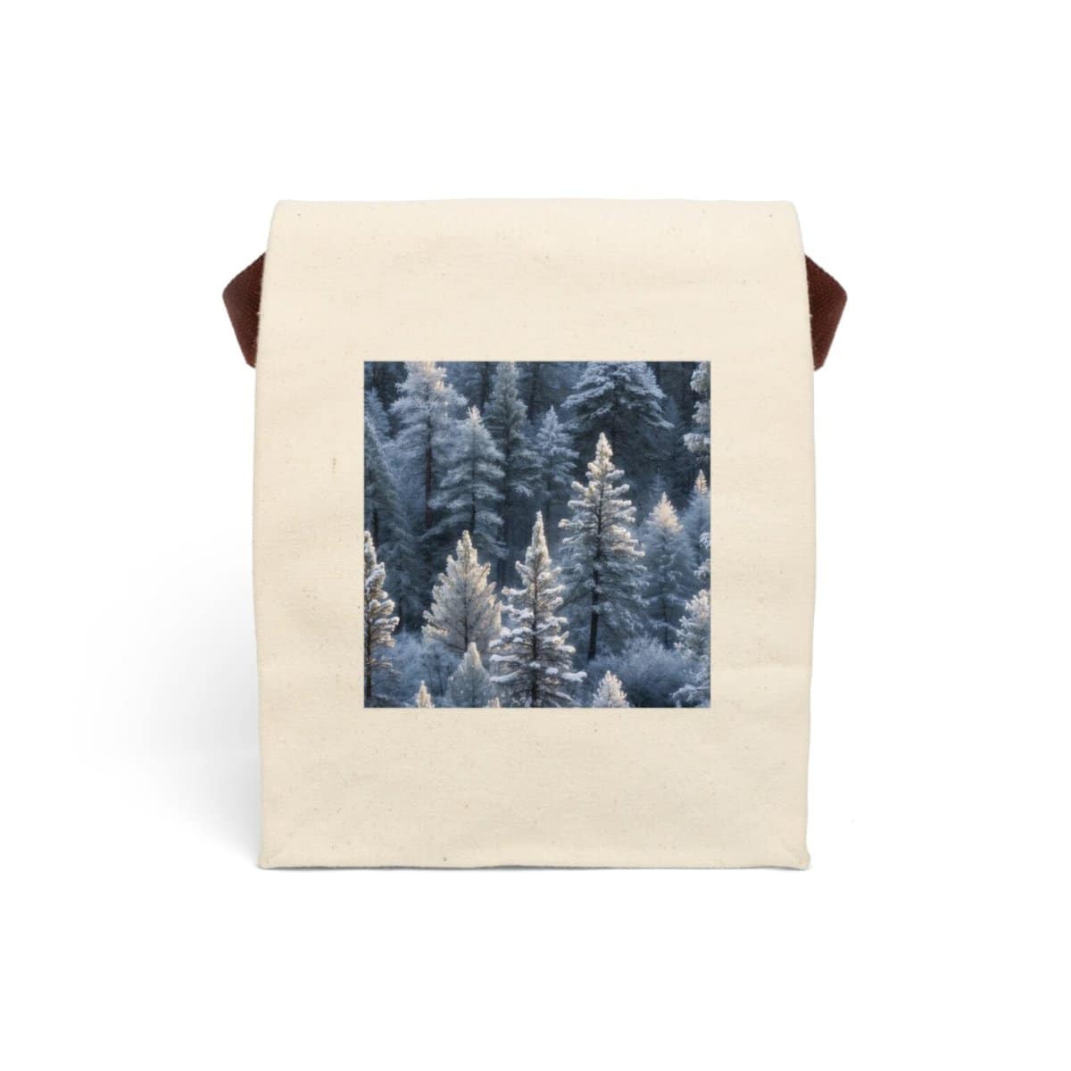 Canvas lunch bag with strap featuring a design of snow-covered trees in a peaceful winter forest