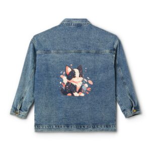 Denim jacket with a colorful kitten design on the back