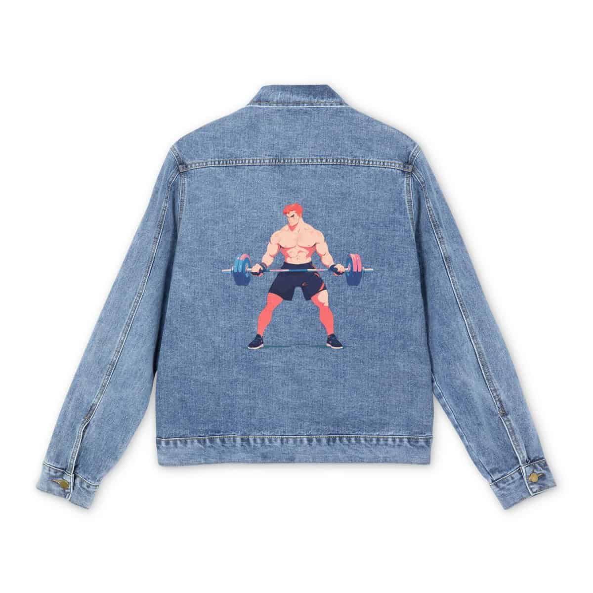 Light blue denim jacket with colorful weightlifter design on the back