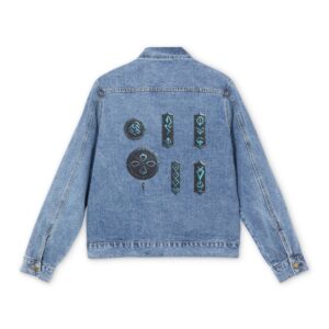 Men's denim jacket with multiple ancient rune symbols on the back