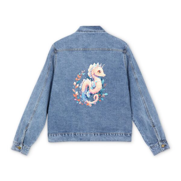 Light blue denim jacket with colorful seahorse design on the back