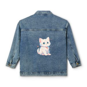 Denim jacket with a colorful kitten design on the back