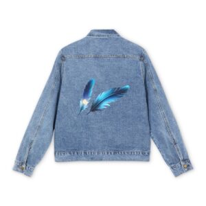 Light blue denim jacket with a blue feather design on the back