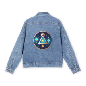 Men's denim jacket with an alchemical symbol featuring a triangle, circles, and other geometric shapes on the back