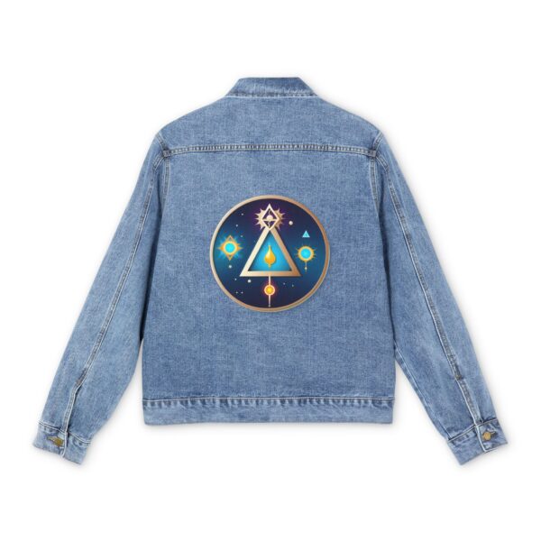 Men's denim jacket with an alchemical symbol featuring a triangle, circles, and other geometric shapes on the back