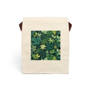 Canvas lunch bag with strap featuring a lush green foliage design