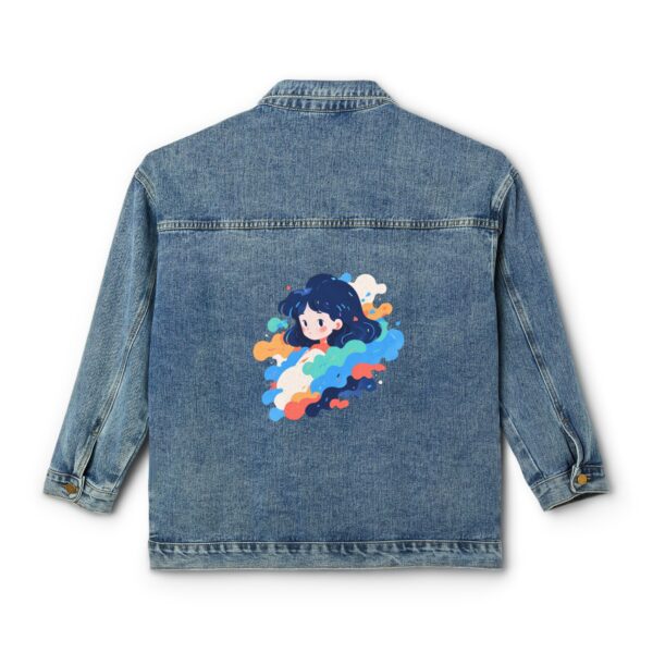 Women's denim jacket with a colorful minimalist line art design on the back