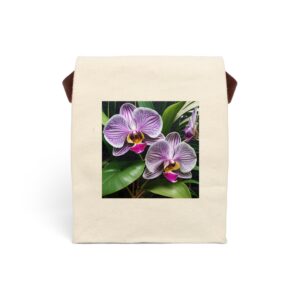 Canvas lunch bag with strap featuring a purple striped orchid flower design