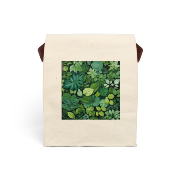 Canvas lunch bag with strap featuring a detailed green leafy plant design