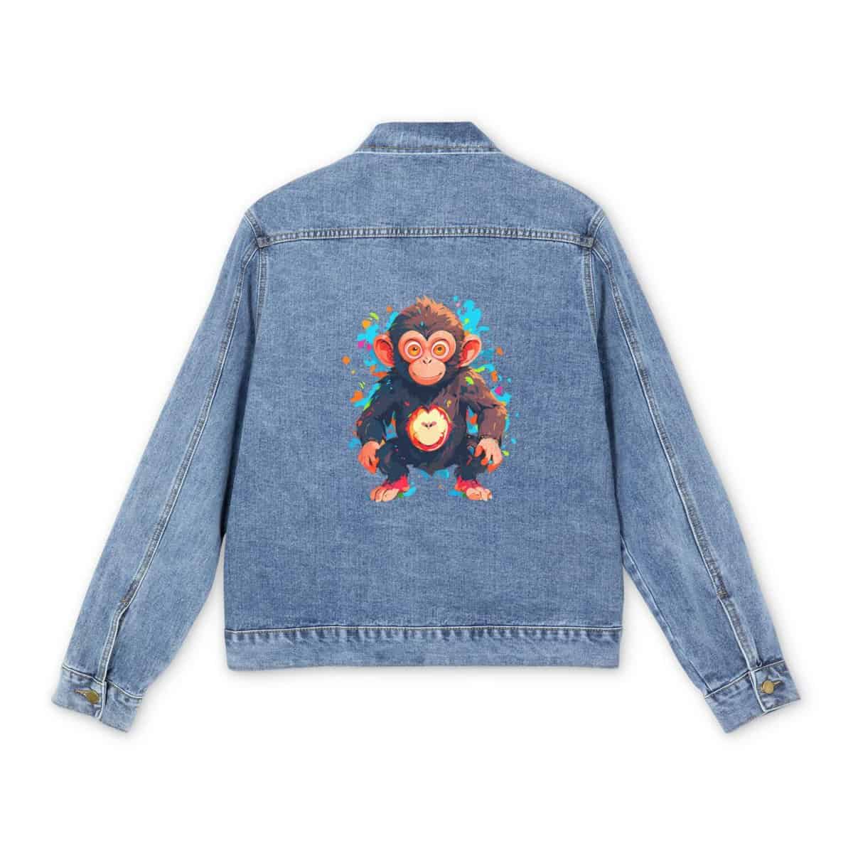 Men's denim jacket with a colorful monkey graphic design on the back