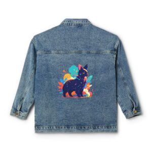 Denim jacket with a colorful geometric animal design on the back