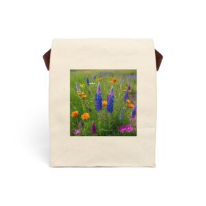 Canvas lunch bag with strap featuring a vibrant wildflower field design