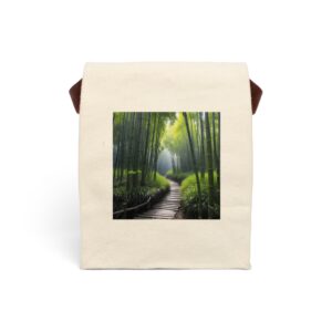 Canvas lunch bag with strap featuring a serene bamboo forest pathway design