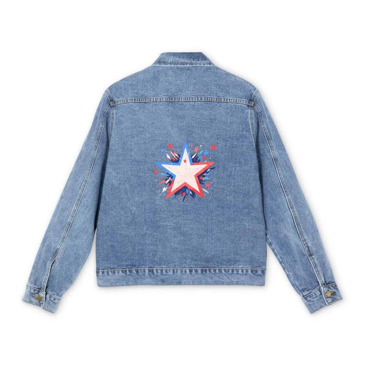 Men's denim jacket with a patriotic star graphic design on the back