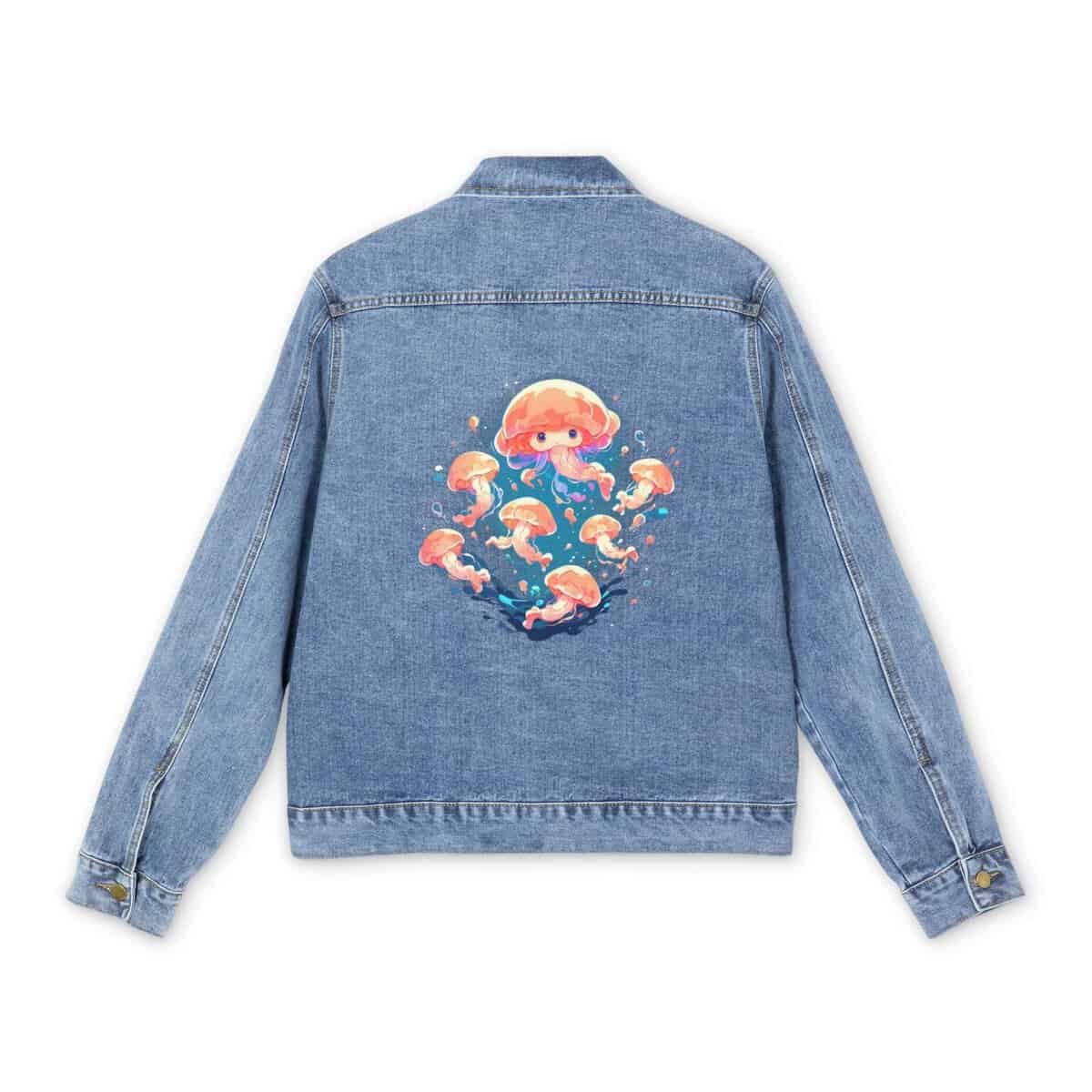 Light blue denim jacket with colorful jellyfish design on the back