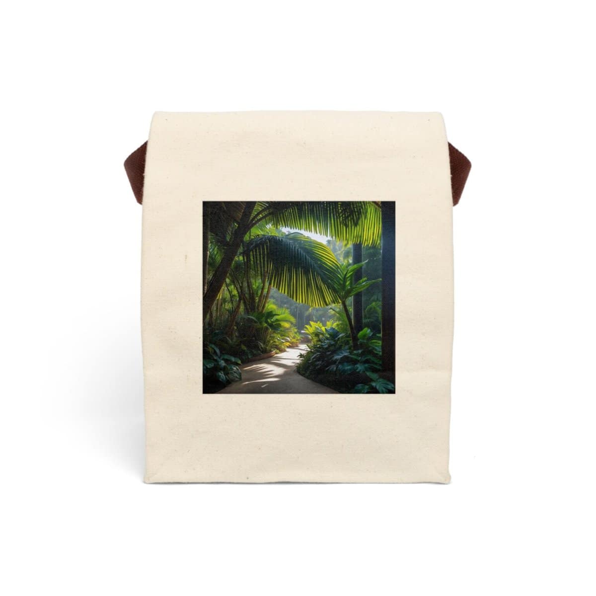 Canvas lunch bag with tropical jungle pathway design.