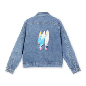 Light blue denim jacket with colorful surfboards design on the back