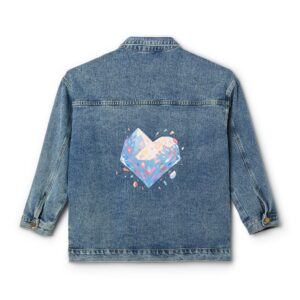 Denim jacket with a colorful geometric diamond heart design on the back