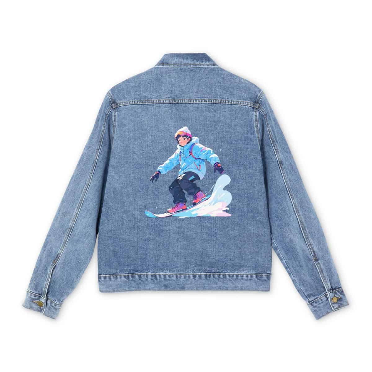 Light blue denim jacket with colorful snowboarder design on the back