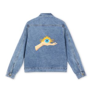 Light blue denim jacket with colorful mystic hand holding an eye design on the back