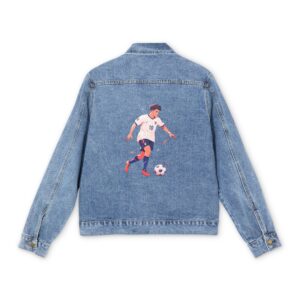 Light blue denim jacket with colorful soccer player design on the back