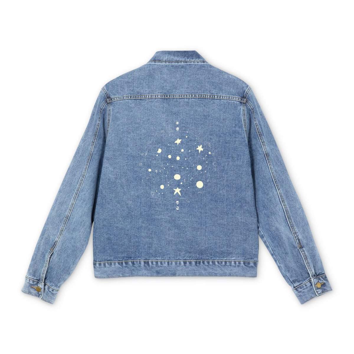 Light blue denim jacket with a white zodiac constellation design on the back